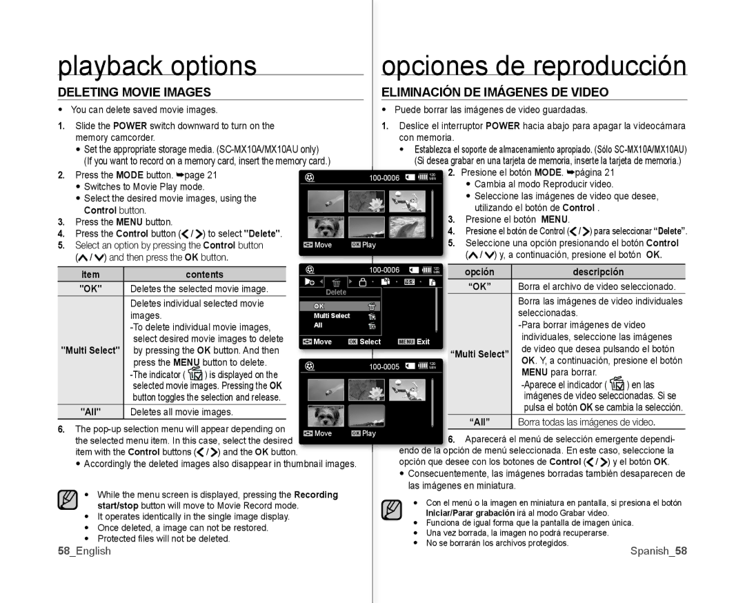 Samsung SC-MX10A Deleting Movie Images Eliminación DE Imágenes DE Video, Contents, Opción Descripción, 58English Spanish58 