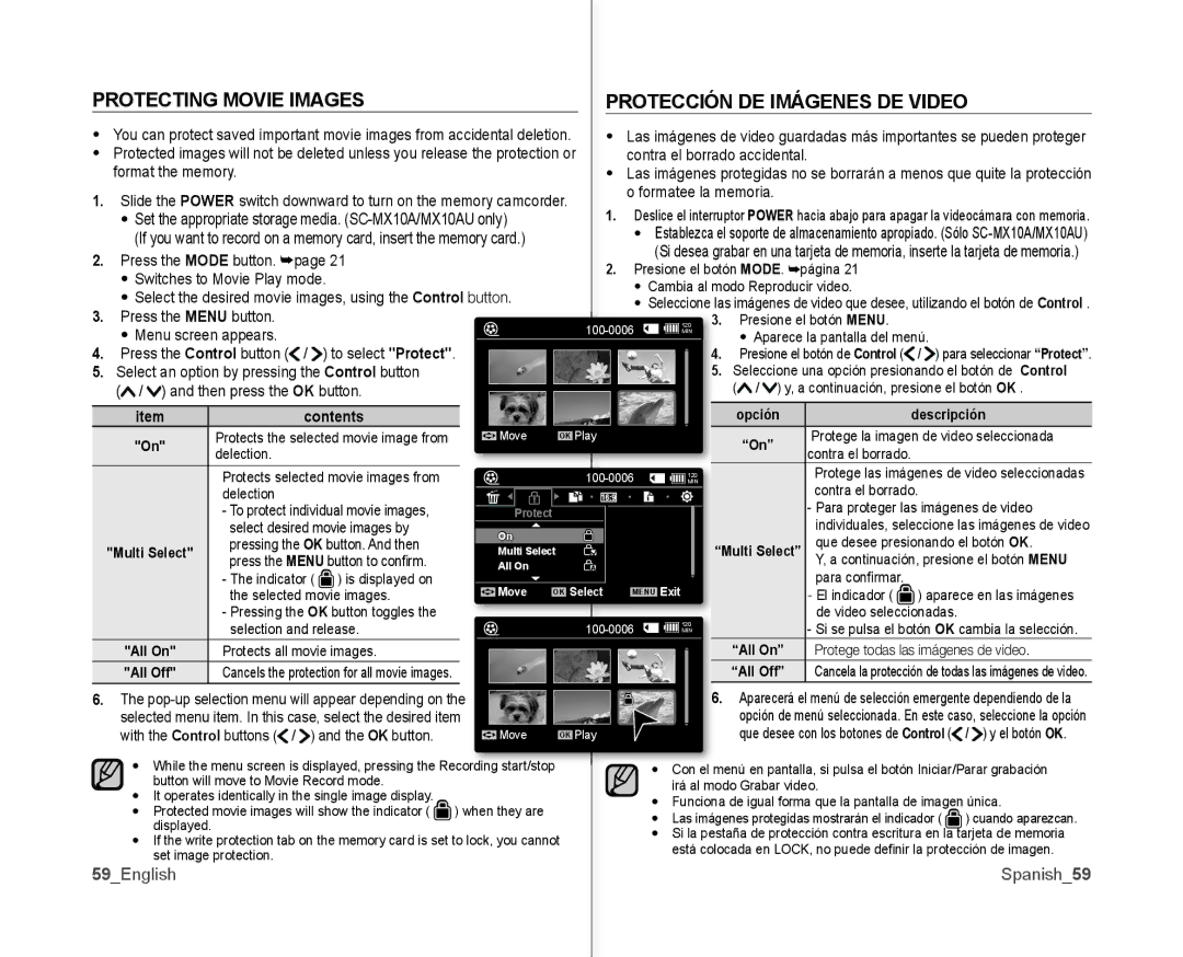 Samsung SC-MX10AU user manual Protecting Movie Images Protección DE Imágenes DE Video, 59English Spanish59 