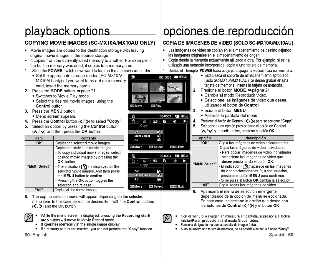 Samsung SC-MX10AU user manual 60English Spanish60 