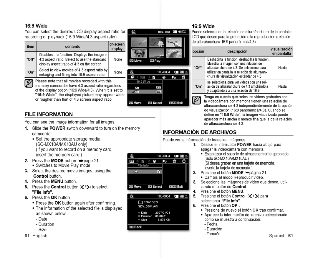 Samsung SC-MX10AU user manual File Information, Información DE Archivos, 61English, Spanish61 