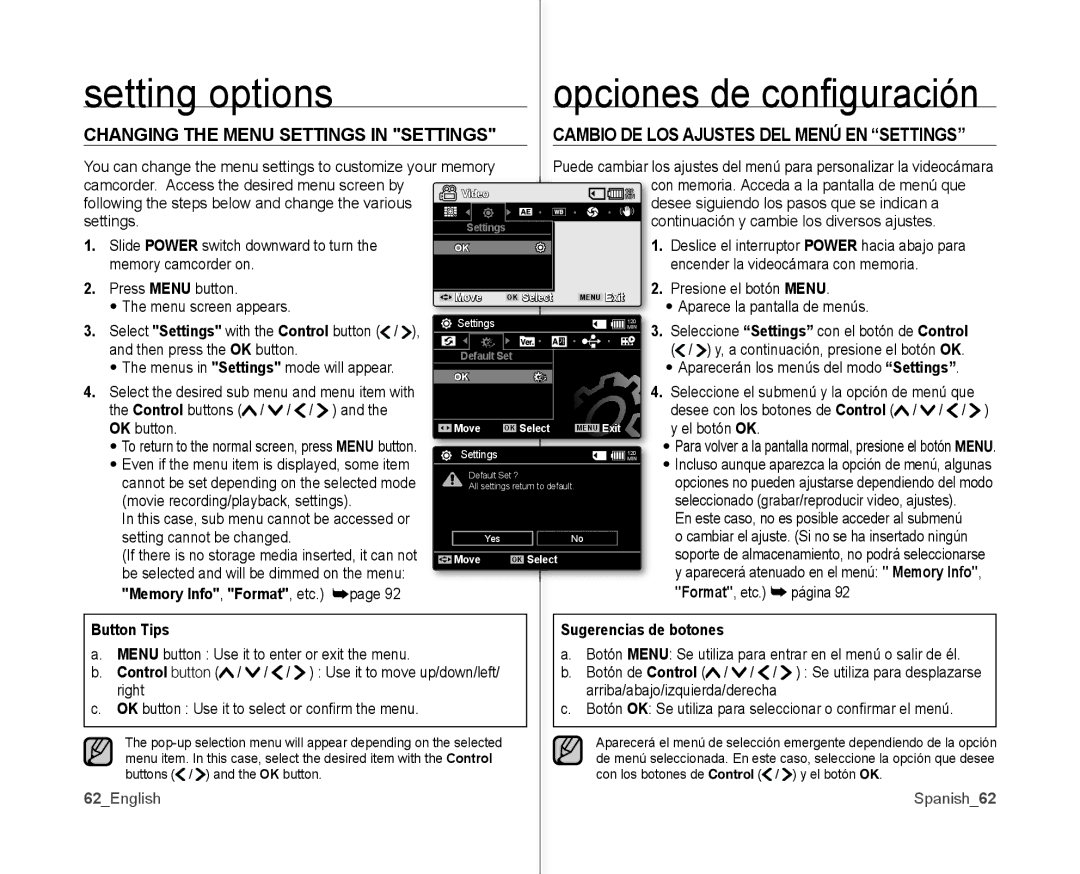 Samsung SC-MX10AU user manual Setting options, Opciones de conﬁ guración, Changing the Menu Settings in Settings 