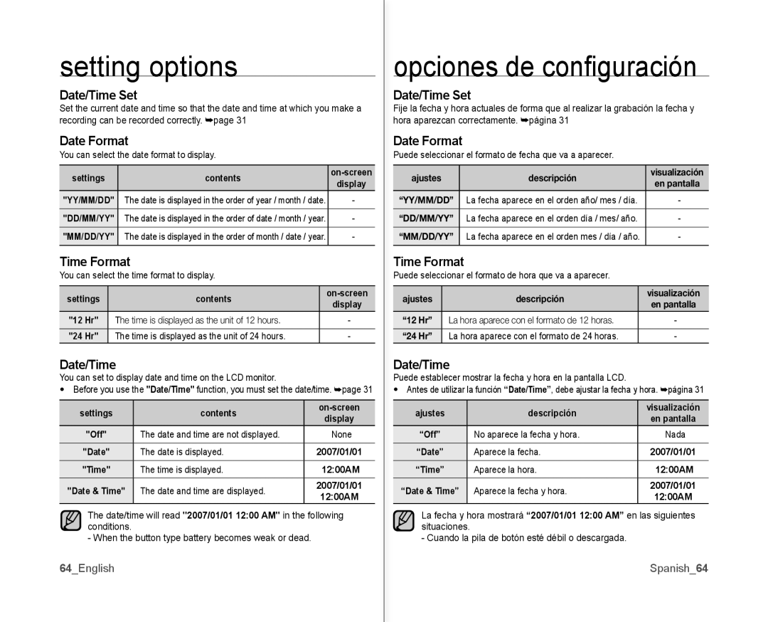 Samsung SC-MX10AU user manual Date/Time Set, Date Format, Time Format 