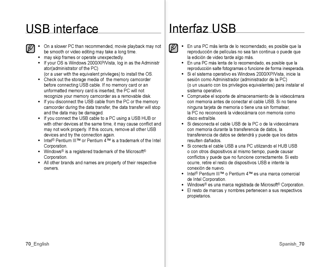 Samsung SC-MX10AU user manual 70English, Spanish70 