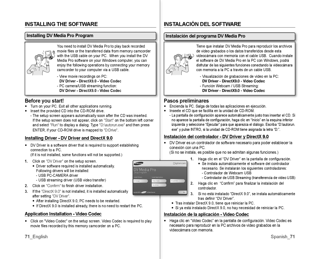 Samsung SC-MX10AU user manual Installing the Software, Before you start, Instalación DEL Software, Pasos preliminares 