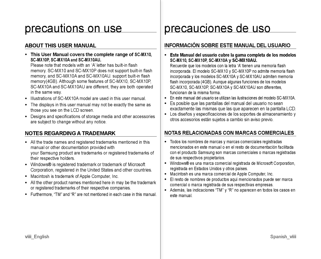 Samsung SC-MX10A Información Sobre Este Manual DEL Usuario, Notas Relacionadas CON Marcas Comerciales, ViiiEnglish 