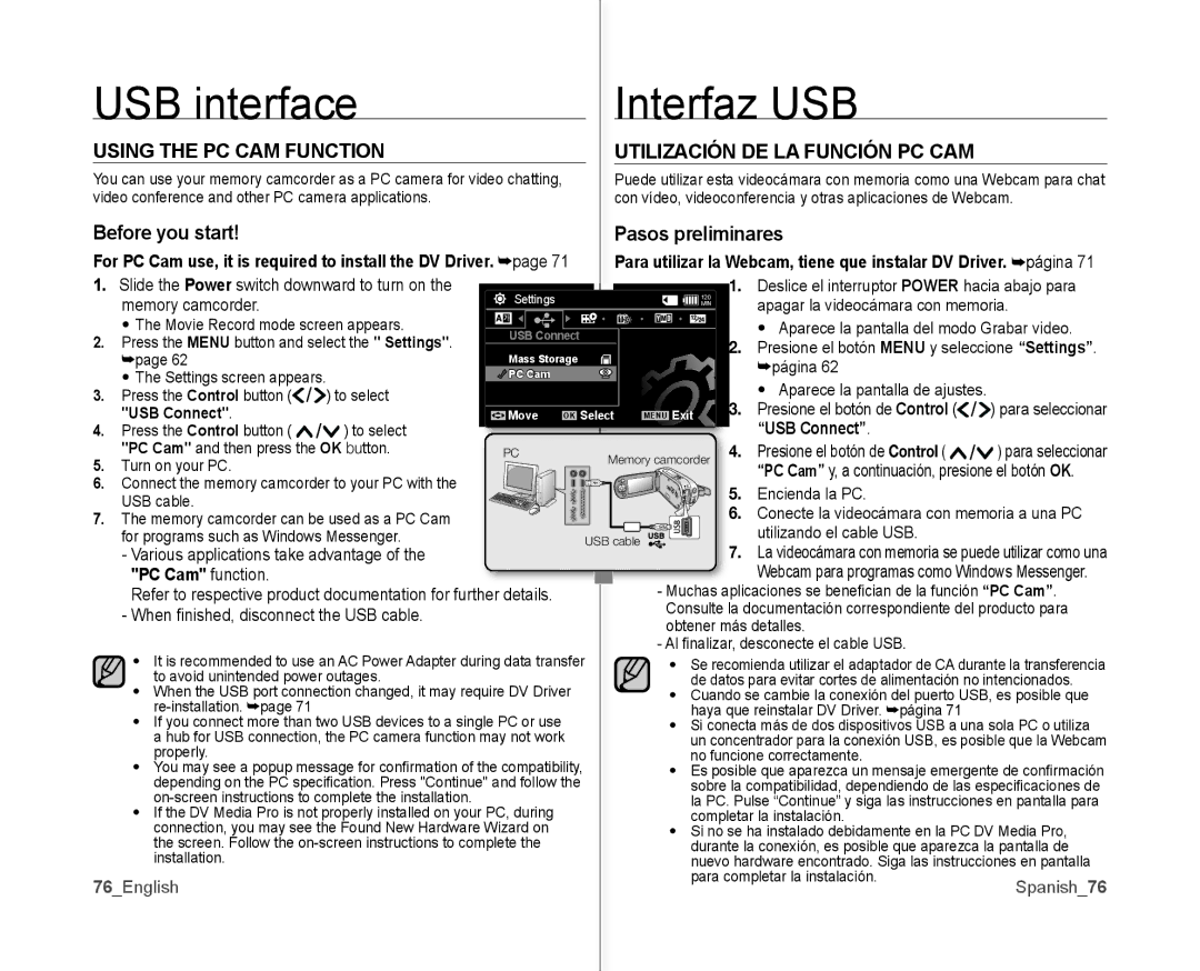 Samsung SC-MX10A USB interface Interfaz USB, Using the PC CAM Function Utilización DE LA Función PC CAM, USB Connect 