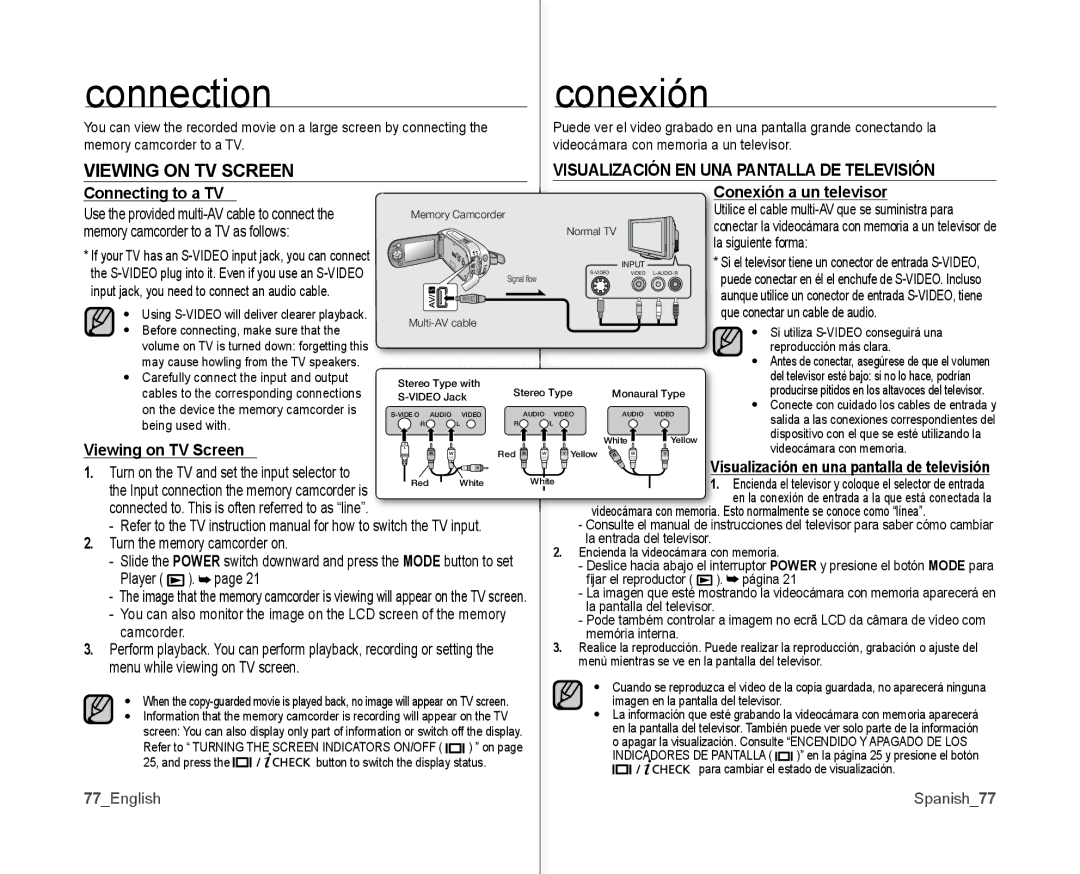 Samsung SC-MX10AU user manual Connection Conexión, Viewing on TV Screen, Connecting to a TV Conexión a un televisor 