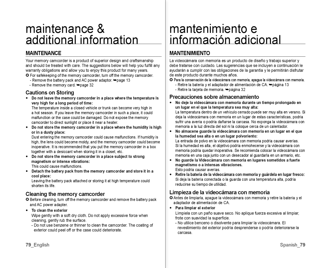 Samsung SC-MX10AU user manual Maintenance, Cleaning the memory camcorder, Mantenimiento, Precauciones sobre almacenamiento 