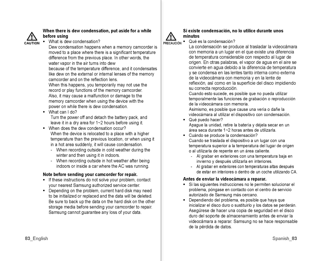 Samsung SC-MX10AU user manual 83English, Si existe condensación, no lo utilice durante unos minutos, Spanish83 