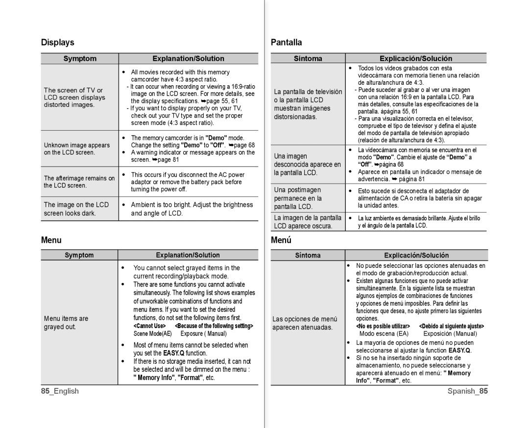 Samsung SC-MX10AU user manual Displays, Menu, Pantalla, Menú 