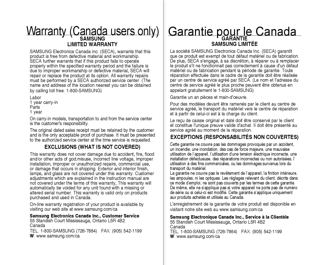 Samsung SC-MX10P user manual Garantie pour le Canada 