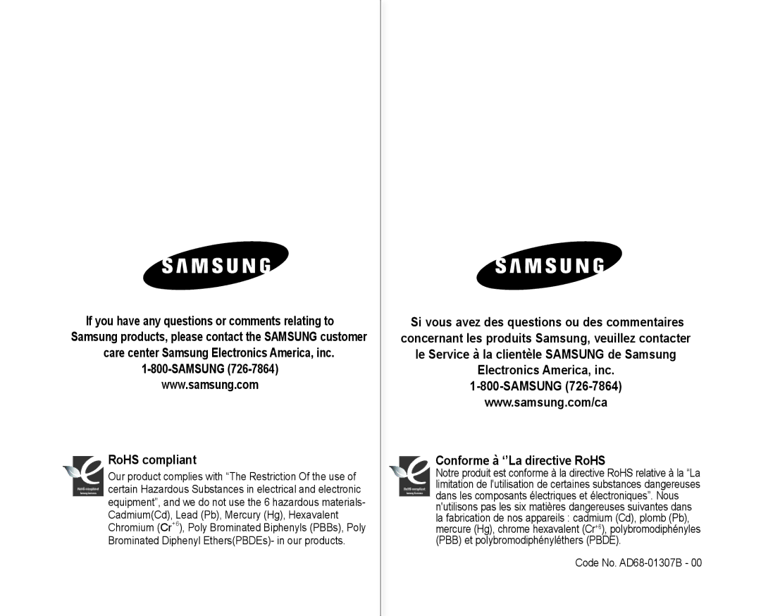 Samsung SC-MX10P user manual RoHS compliant, Samsung Conforme à ‘’La directive RoHS, Code No. AD68-01307B 