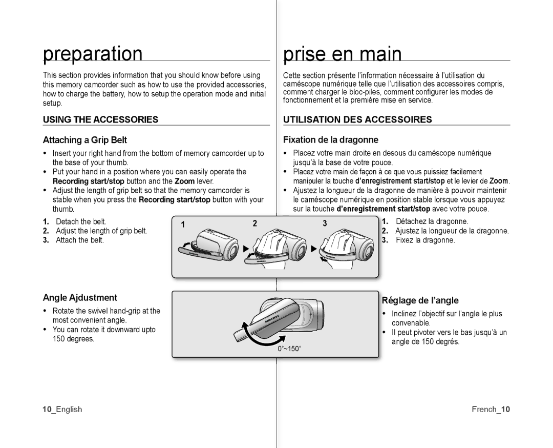 Samsung SC-MX10P user manual Preparation, Prise en main, Using the Accessories, Utilisation DES Accessoires 