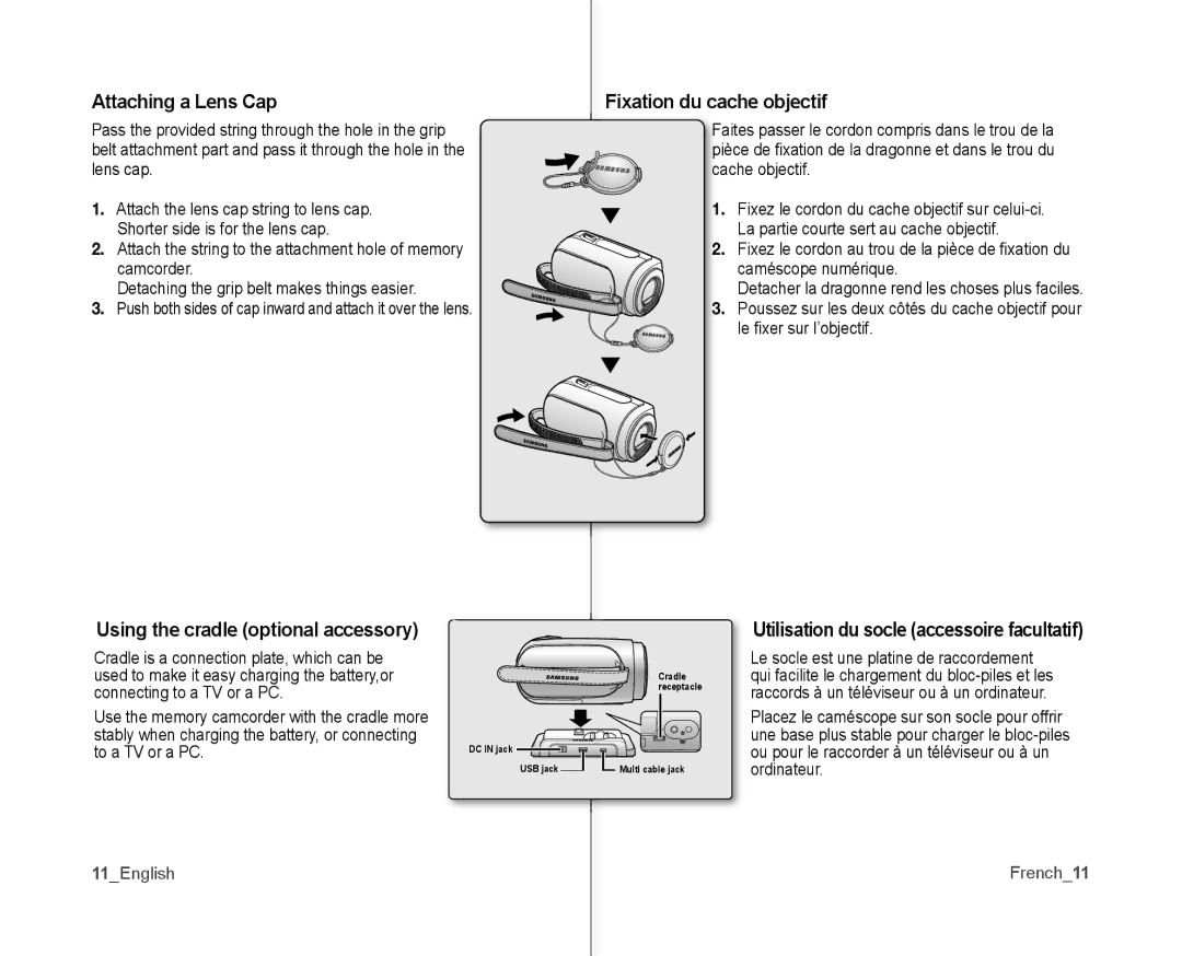 Samsung SC-MX10P user manual Attaching a Lens Cap, Fixation du cache objectif, Utilisation du socle accessoire facultatif 