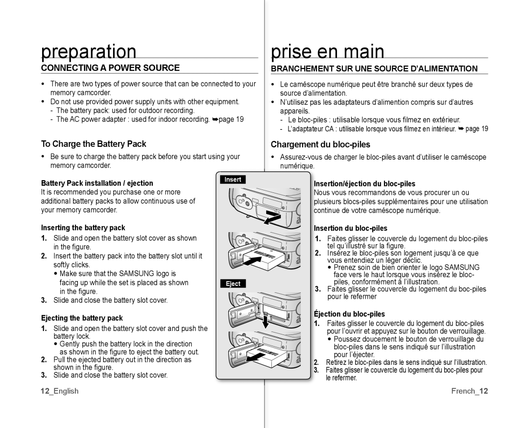 Samsung SC-MX10P user manual Connecting a Power Source, To Charge the Battery Pack, Chargement du bloc-piles 