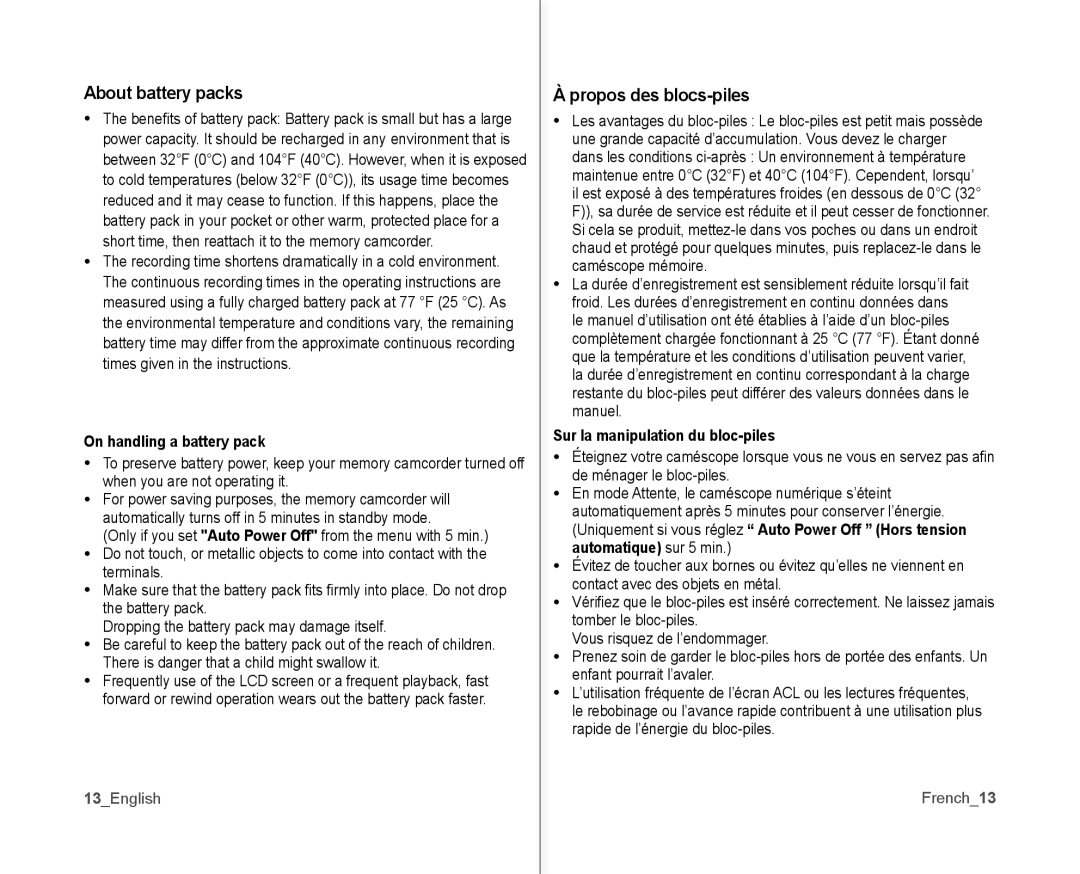 Samsung SC-MX10P user manual About battery packs, Propos des blocs-piles, On handling a battery pack 