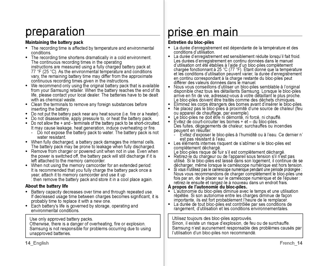 Samsung SC-MX10P user manual Maintaining the battery pack, About the battery life, Entretien du bloc-piles 