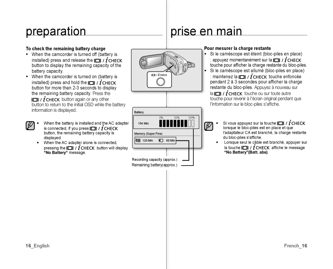 Samsung SC-MX10P user manual To check the remaining battery charge, Pour mesurer la charge restante, 16English French16 