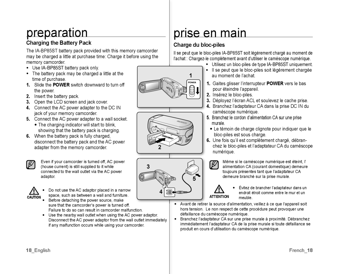 Samsung SC-MX10P user manual Charging the Battery Pack, Charge du bloc-piles, 18English, French18 