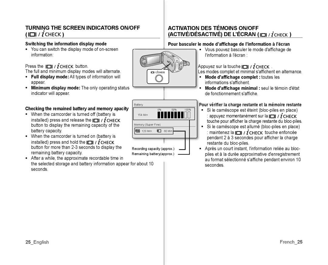 Samsung SC-MX10P user manual Switching the information display mode, Mode dafﬁchage complet toutes les, 25English French25 