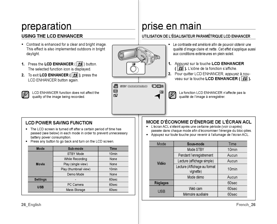 Samsung SC-MX10P user manual Preparation Prise en main, Using the LCD Enhancer, To exit LCD Enhancer, 26English French26 