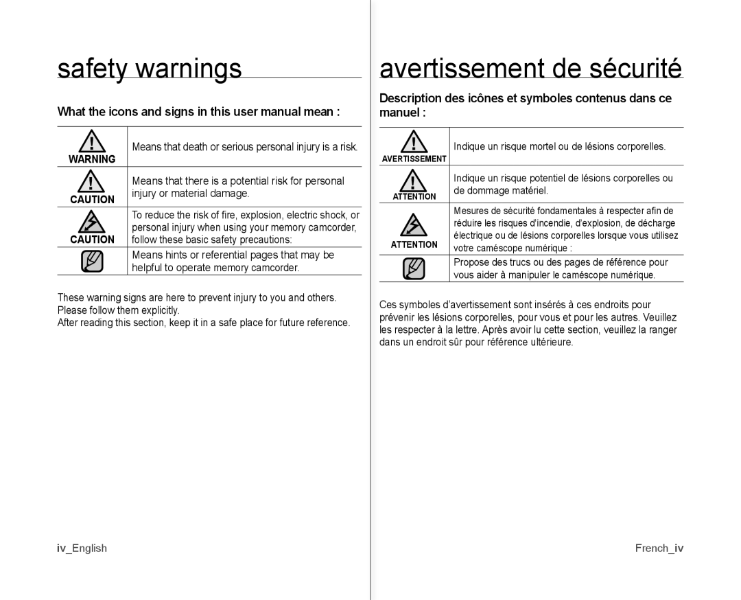 Samsung SC-MX10P Safety warnings, Avertissement de sécurité, Description des icônes et symboles contenus dans ce manuel 