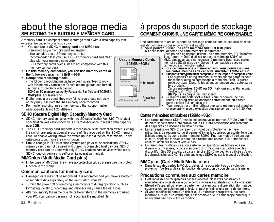 Samsung SC-MX10P user manual Selecting the Suitable Memory Card, Comment Choisir UNE Carte Mémoire Convenable 