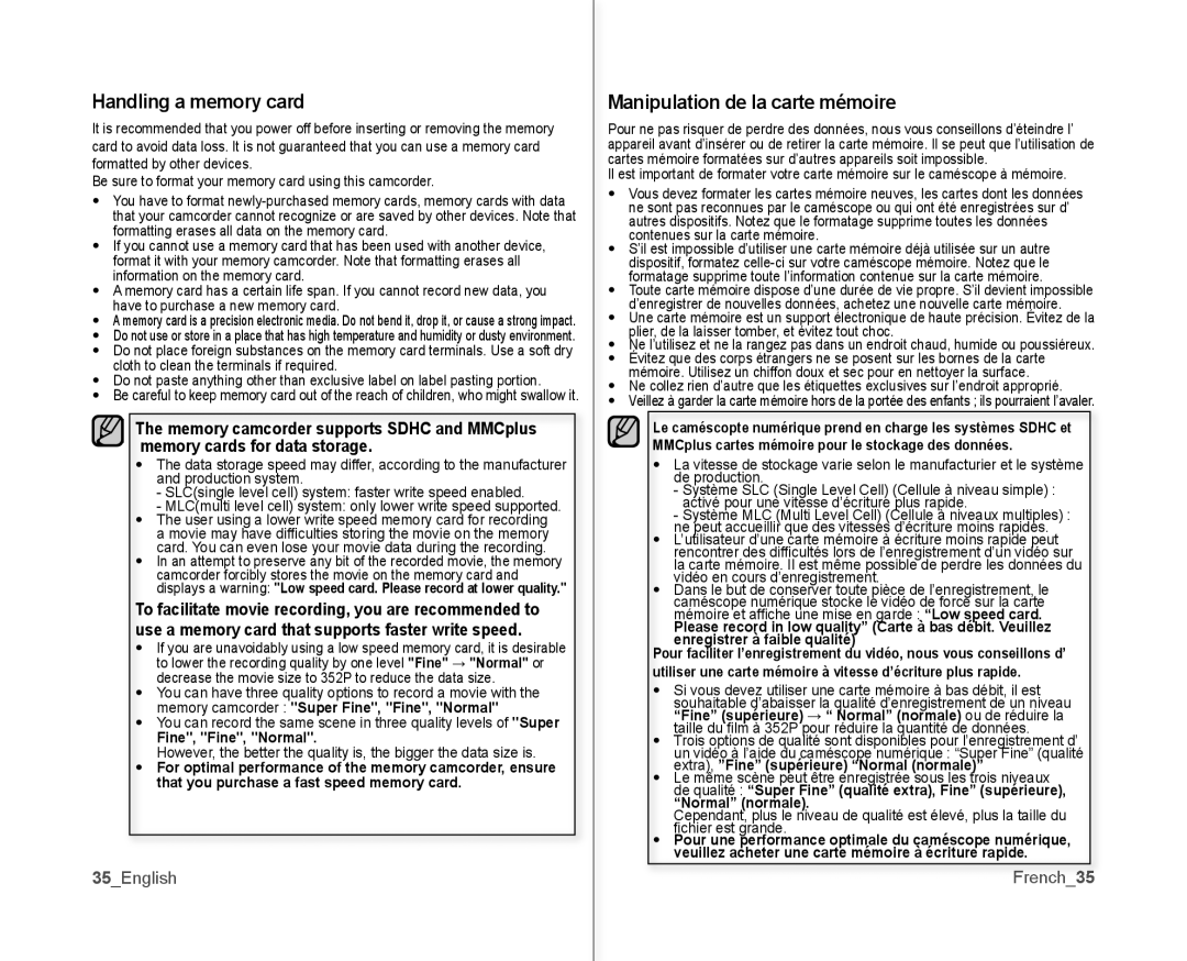 Samsung SC-MX10P Handling a memory card, Manipulation de la carte mémoire, 35English, French35, Fine, Fine, Normal 