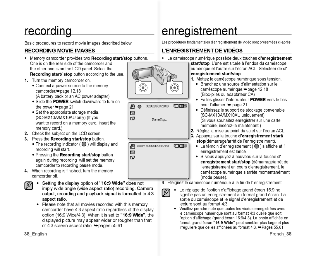 Samsung SC-MX10P Recording Enregistrement, Recording Movie Images ’ENREGISTREMENT DE Vidéos, Nregistrement start/stop 