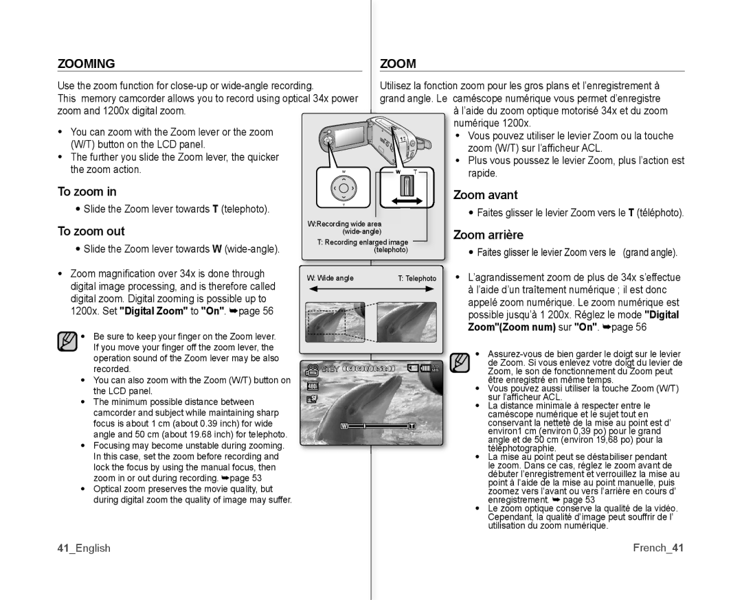 Samsung SC-MX10P user manual Zooming, To zoom Zoom avant, To zoom out Zoom arrière, ZoomZoom num sur On 