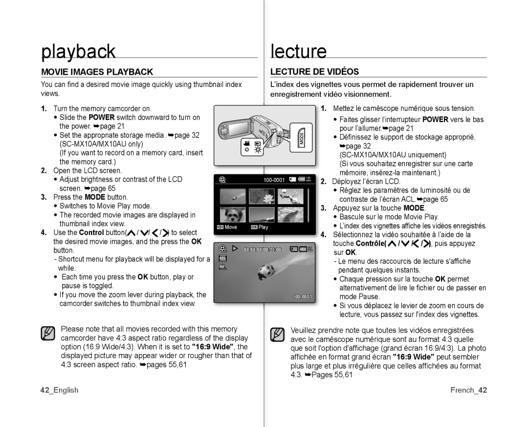 Samsung SC-MX10P user manual Movie Images Playback Lecture DE Vidéos, 42English French42 