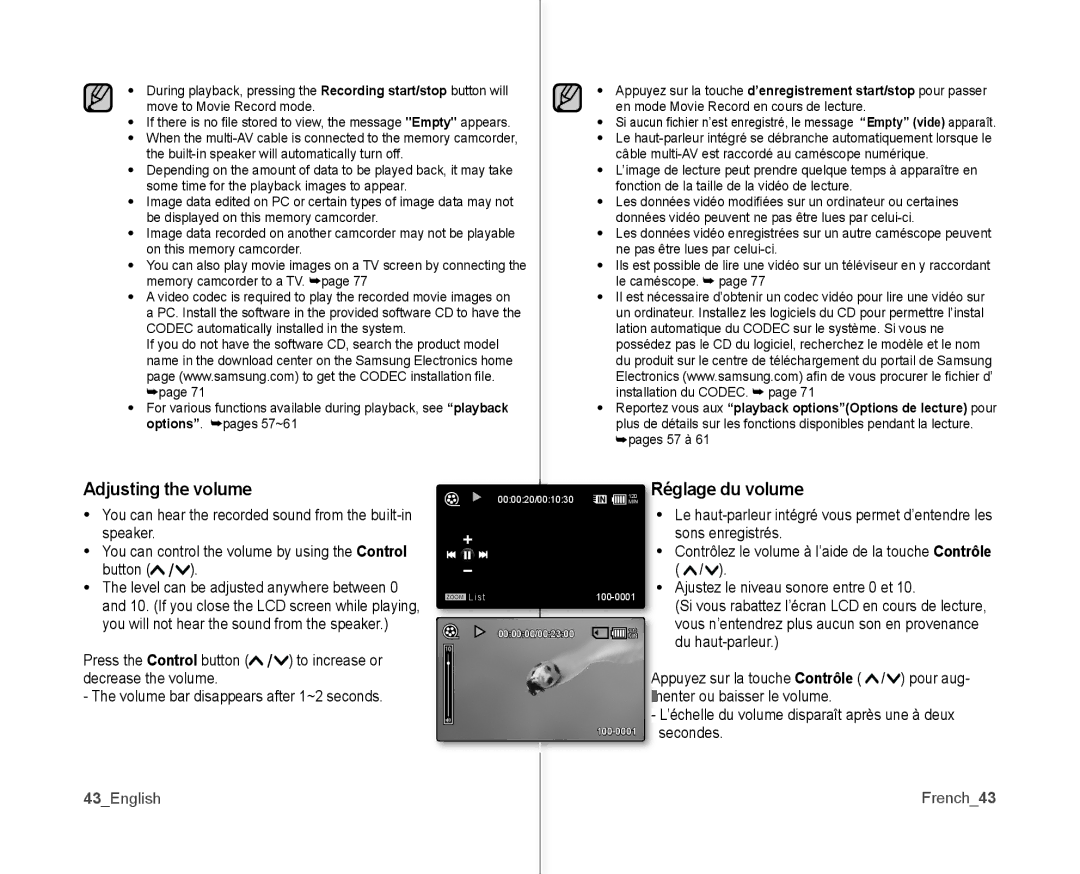 Samsung SC-MX10P user manual Adjusting the volume, Églage du volume, 43English French43 