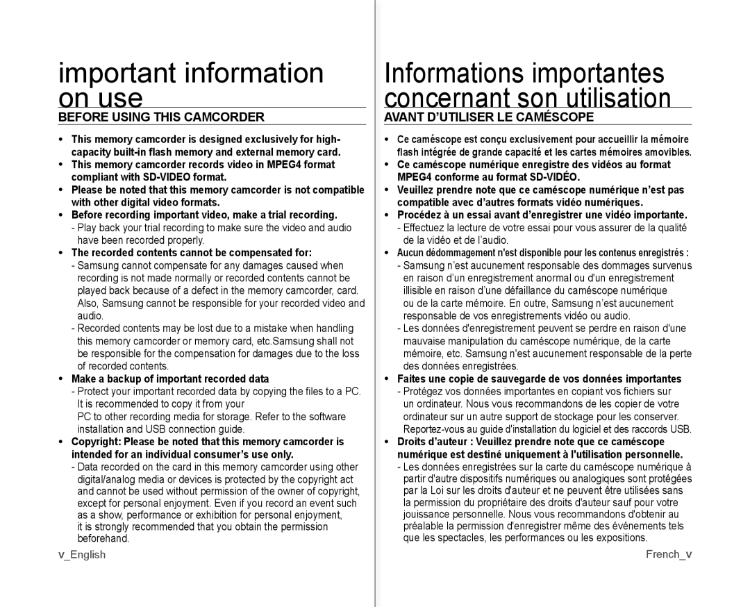 Samsung SC-MX10P user manual Important information on use, Before Using this Camcorder, Avant D’UTILISER LE Caméscope 