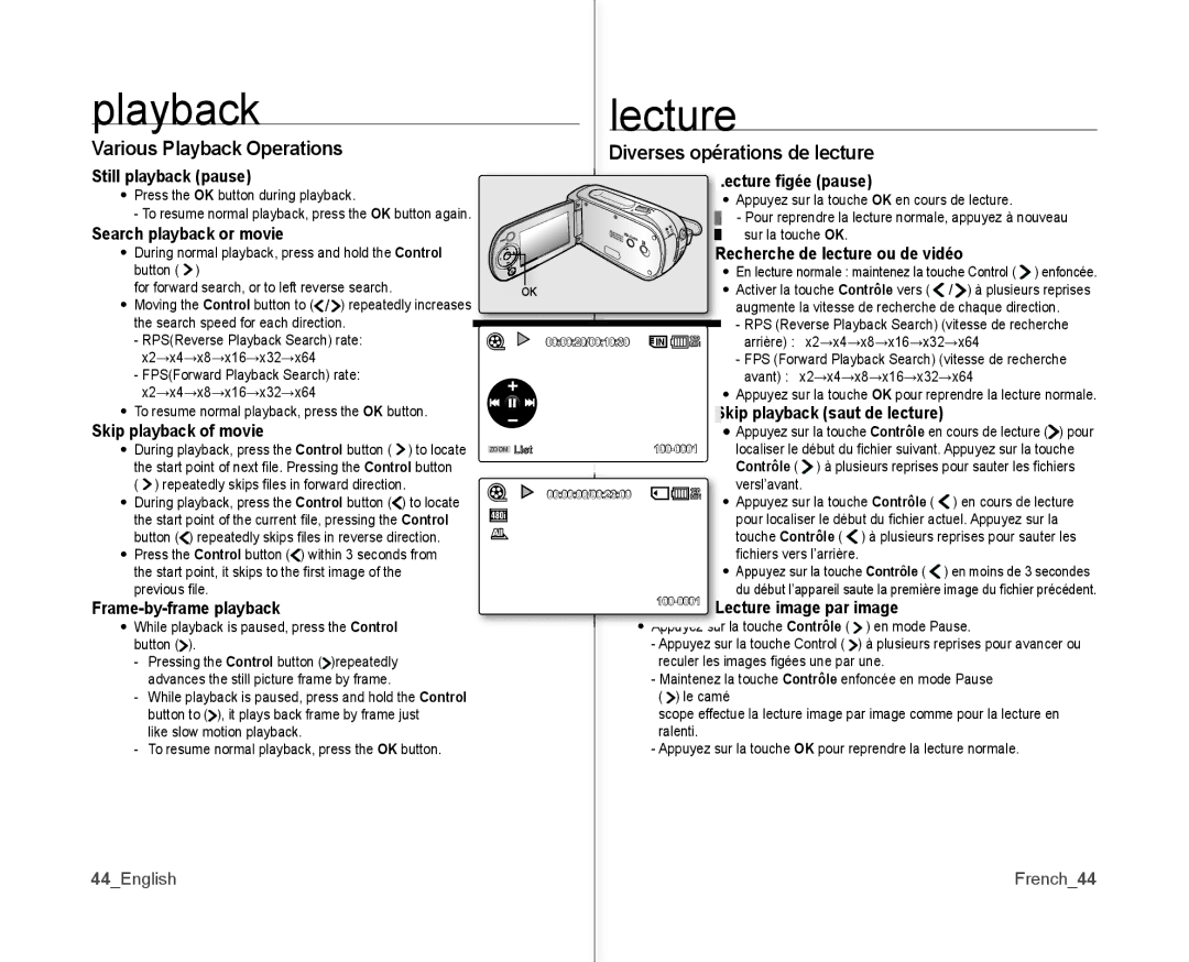 Samsung SC-MX10P user manual Various Playback Operations, Diverses opérations de lecture 