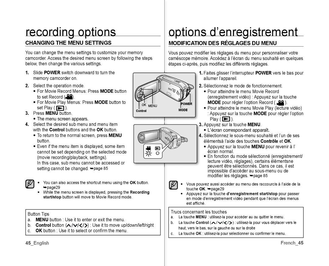 Samsung SC-MX10P user manual Recording options, 45English French45 