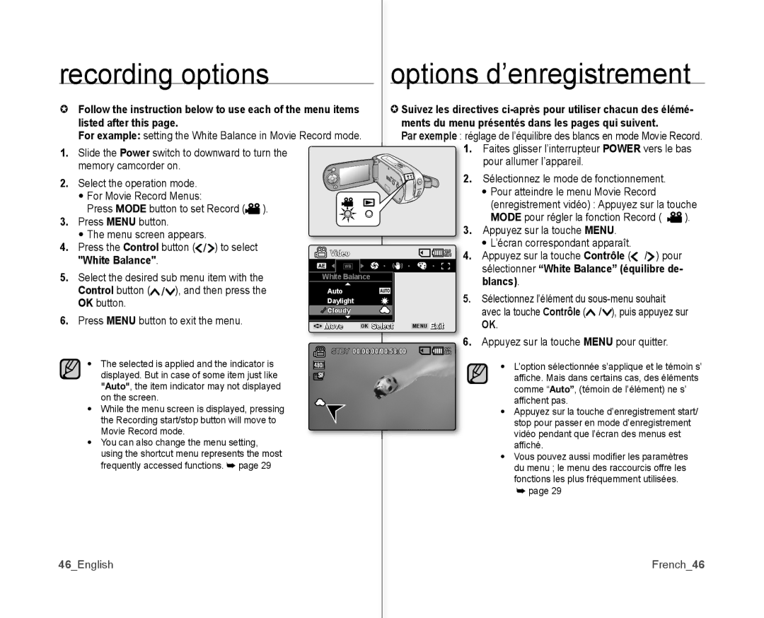 Samsung SC-MX10P Slide the Power switch to downward to turn, Pour allumer l’appareil, Memory camcorder on, White Balance 