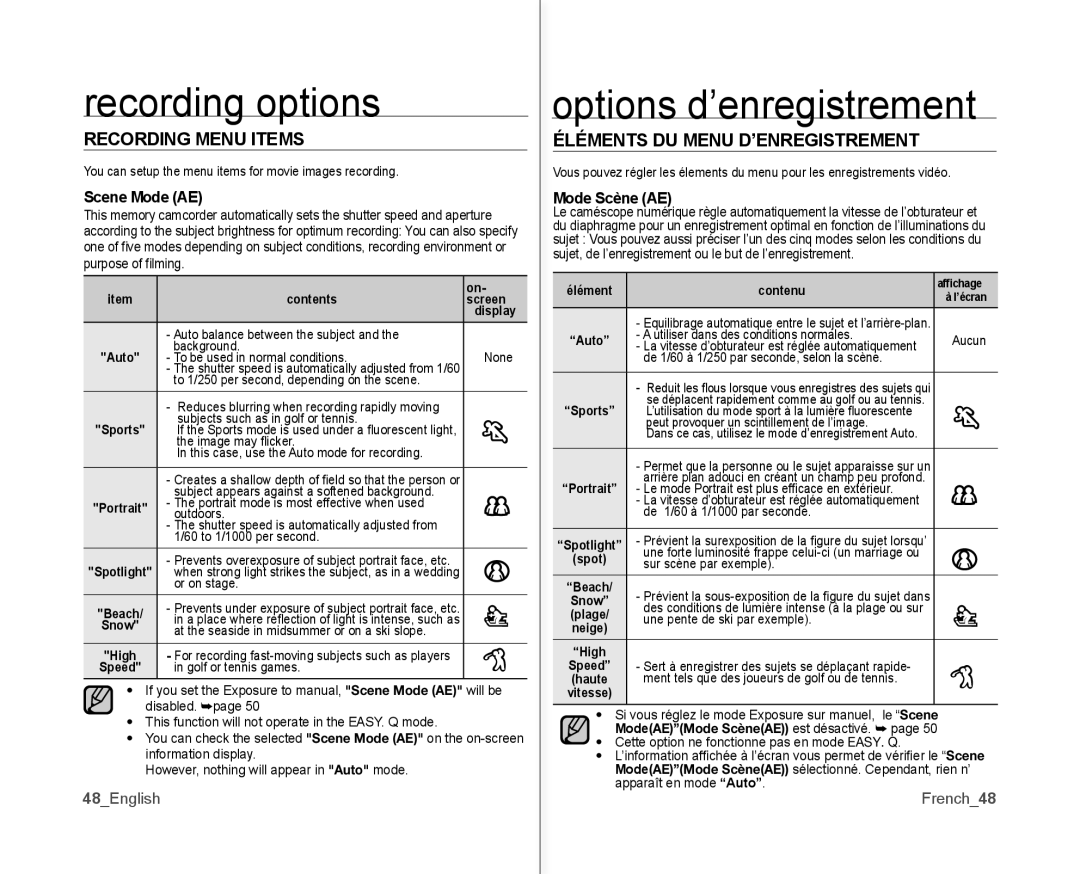 Samsung SC-MX10P Options d’enregistrement, Recording Menu Items, Éléments DU Menu D’ENREGISTREMENT, Scene Mode AE 