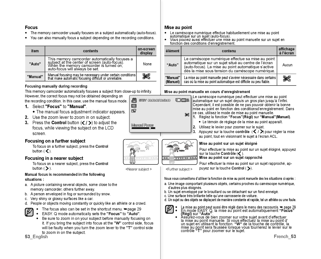 Samsung SC-MX10P user manual Select Focus to Manual, Focusing in a nearer subject, Mise au point, French53 