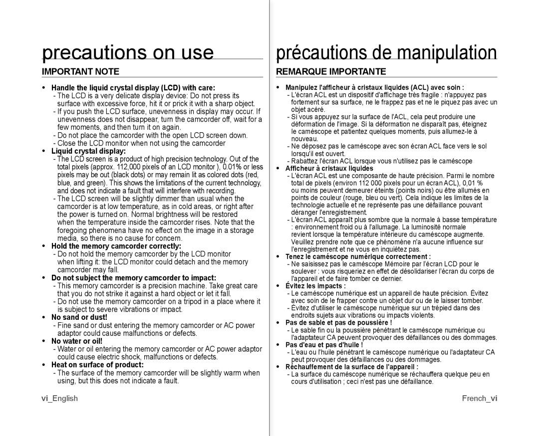 Samsung SC-MX10P user manual Precautions on use, Précautions de manipulation, Important Note, Remarque Importante 