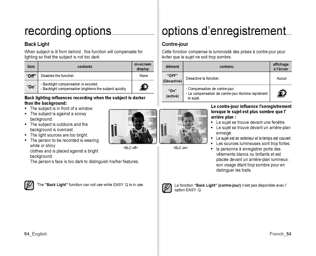 Samsung SC-MX10P user manual Back Light, Contre-jour, 54English, Arrière plan, French54 