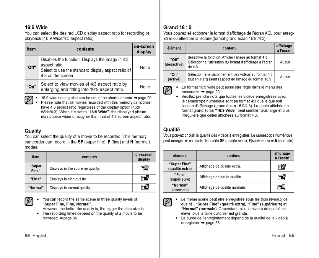 Samsung SC-MX10P user manual Wide, Quality, Grand 16, Qualité 