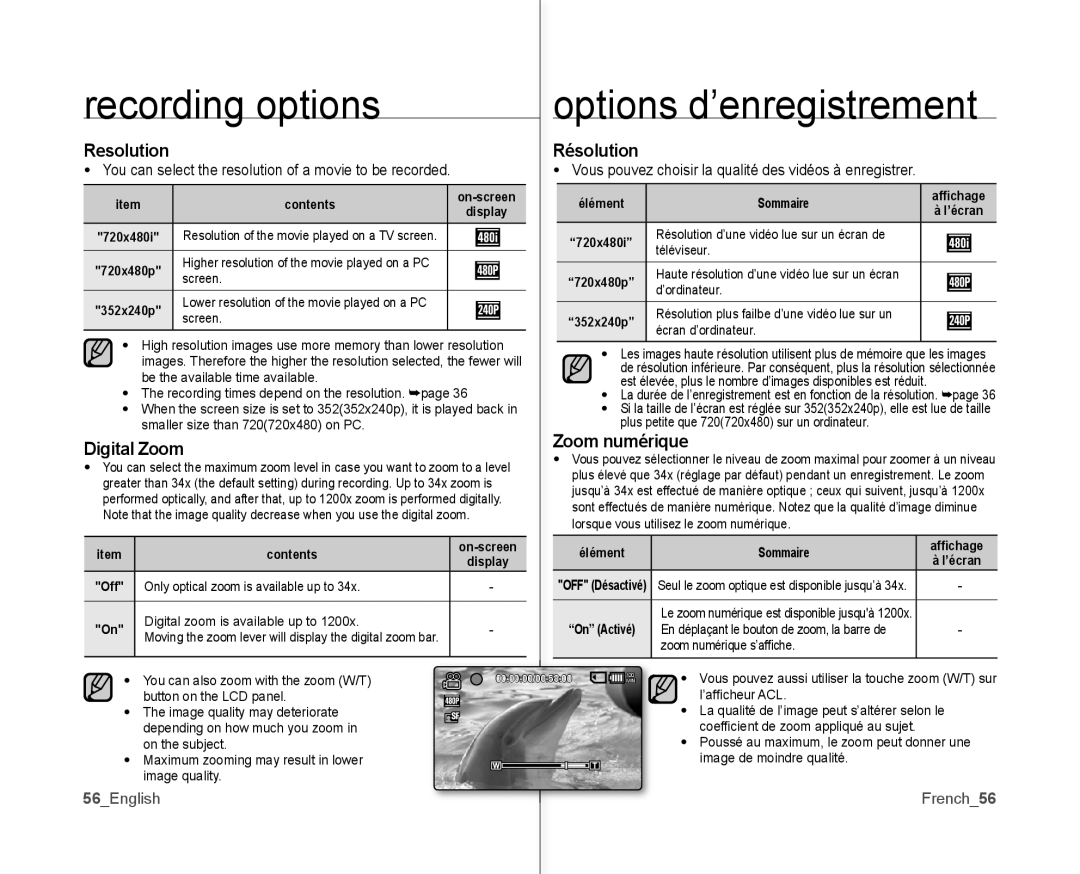 Samsung SC-MX10P user manual Résolution, Digital Zoom Zoom numérique, 56English French56 