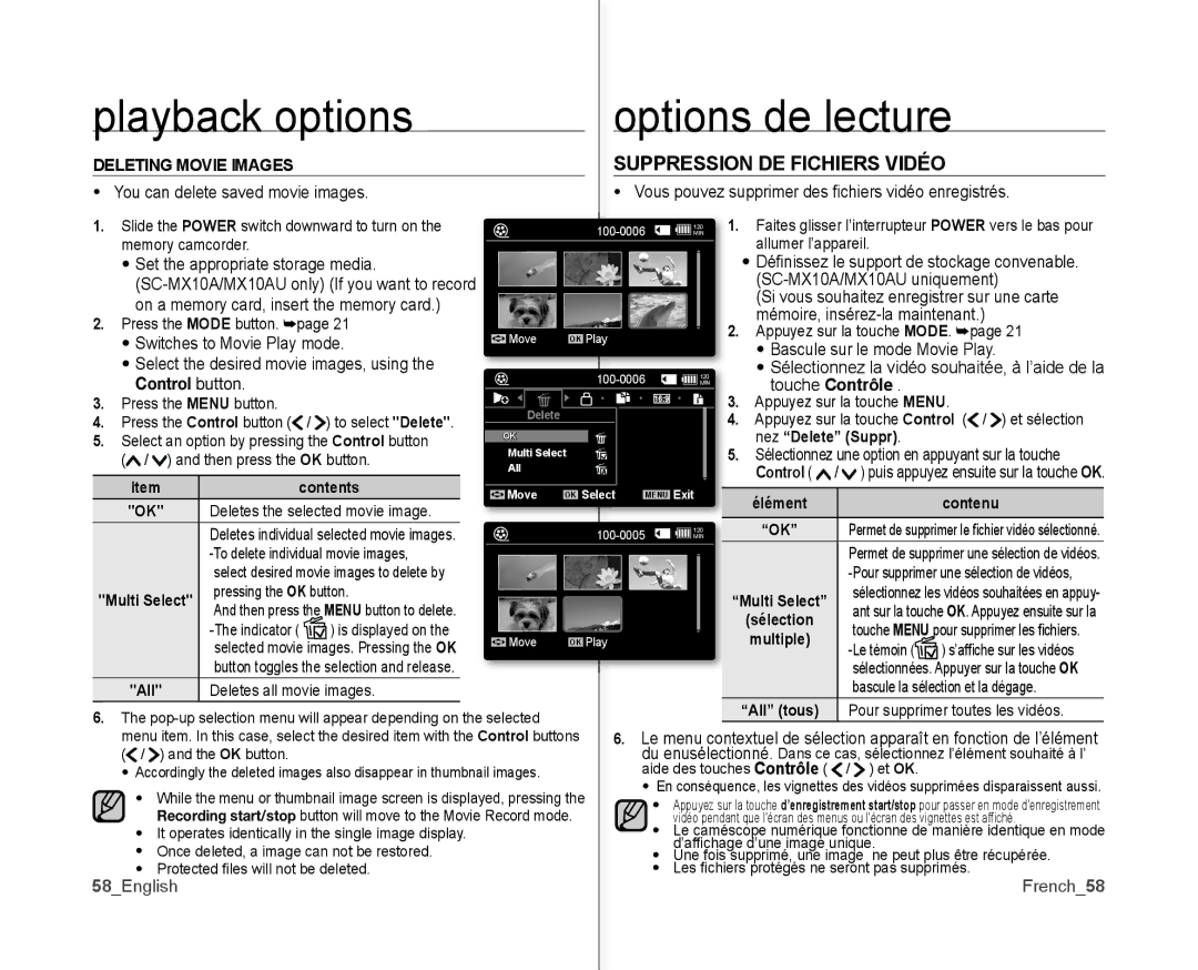 Samsung SC-MX10P user manual Suppression DE Fichiers Vidéo, Nez Delete Suppr, French58, 58English 