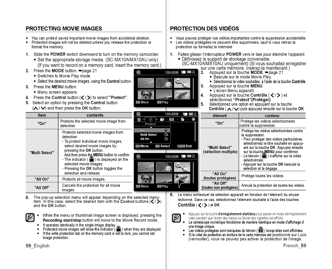 Samsung SC-MX10P user manual Protecting Movie Images Protection DES Vidéos, Sélectionnez ProtectProtéger, 59English French 