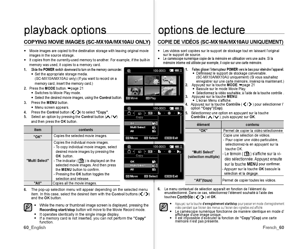 Samsung SC-MX10P user manual Playback options, 60English French60, Option CopyCop 