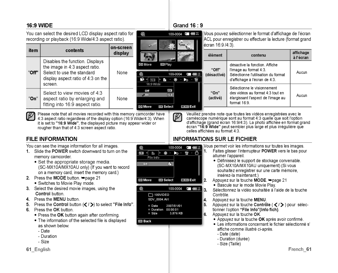 Samsung SC-MX10P user manual File Information Informations SUR LE Fichier, Grand 16, Tionner l’option File InfoInfo ﬁch 