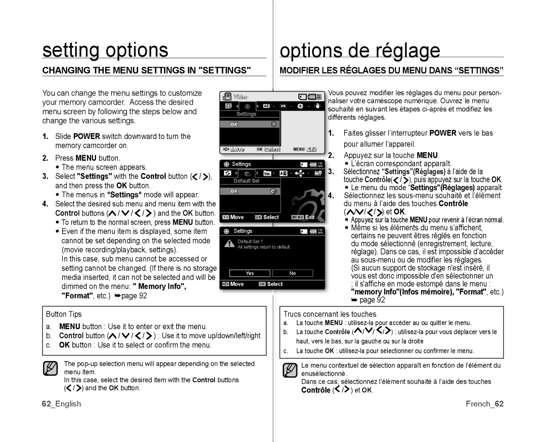 Samsung SC-MX10P user manual Setting options Options de réglage, Changing the Menu Settings in Settings, 62English French62 