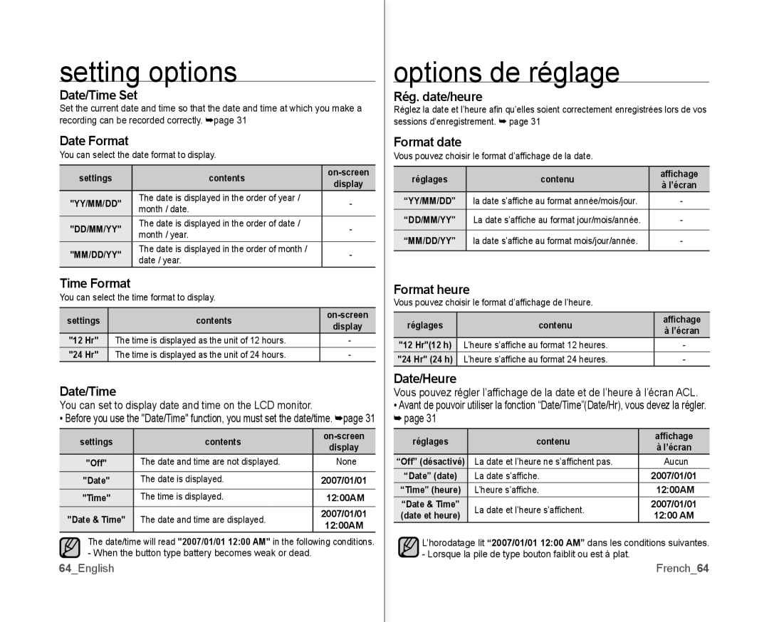 Samsung SC-MX10P user manual Setting options 