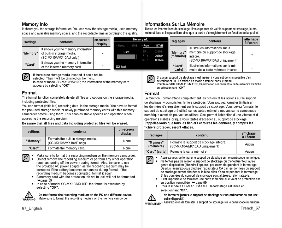 Samsung SC-MX10P user manual Memory Info Informations Sur La Mémoire, Format, 67English French67 