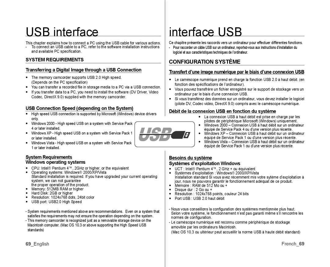 Samsung SC-MX10P user manual USB interface, Interface USB, Configuration Système 